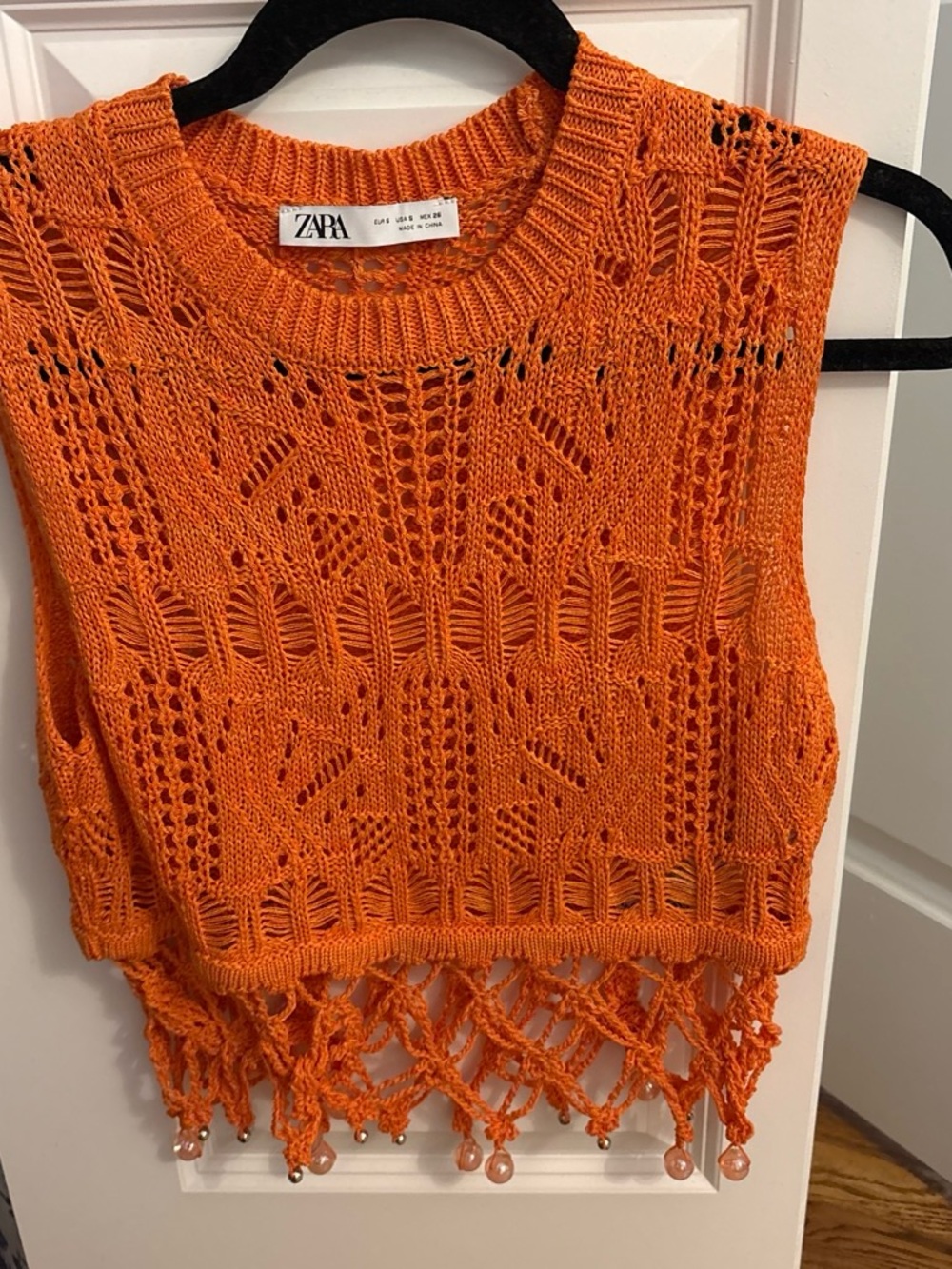 Zara Orange Crochet Fringe Sleeveless Knit Top